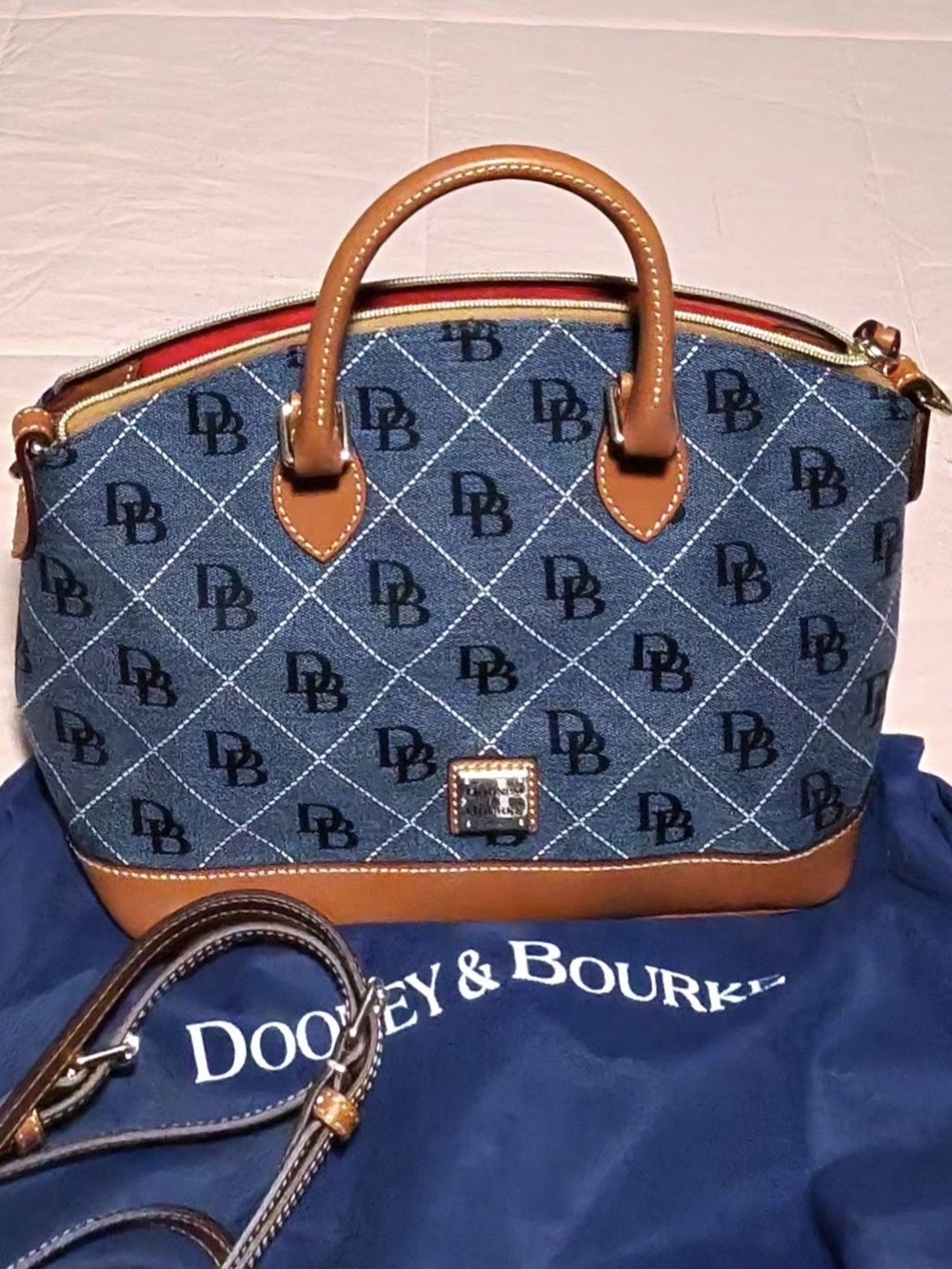 Dooney & Bourke Blue Denim Logo Satchel with Tan Leather Trim